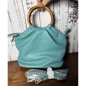 JOY SUSAN Stacey Bamboo Hand Tote Bag Vegan Leather Turquoise New‎ Crossbody